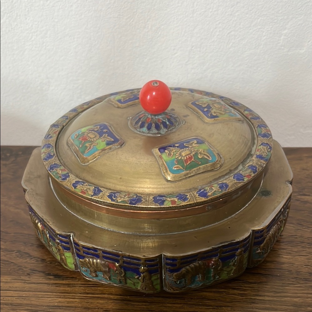 Antique Chinese Tea Caddy Box Repousse Brass Enamel Relief